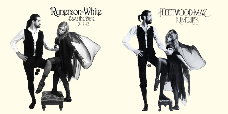 We recreated Fleetwood Mac's "Rumours" album cover for the save the date.  Original cover is on the right.